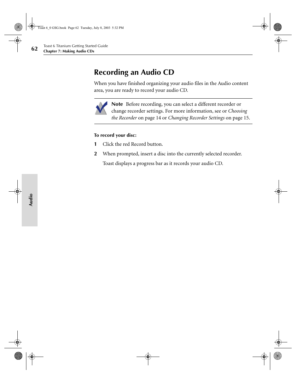 Recording an audio cd | Roxio TOAST 6 User Manual | Page 72 / 132