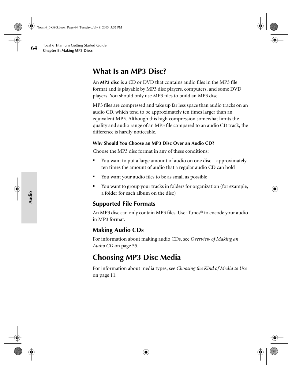 What is an mp3 disc, Choosing mp3 disc media, Supported file formats | Making audio cds | Roxio TOAST 6 User Manual | Page 74 / 132