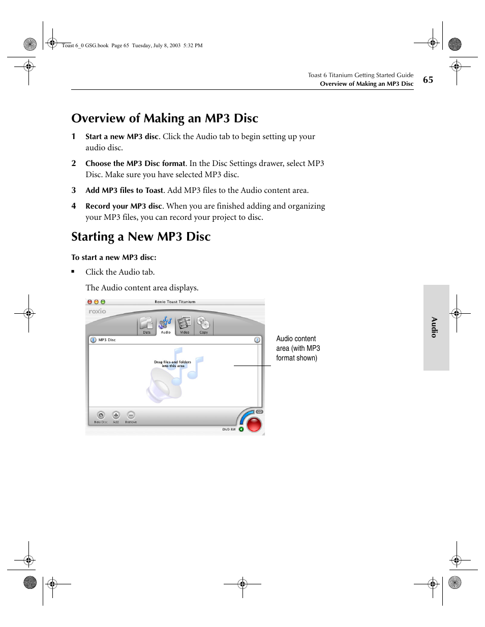 Overview of making an mp3 disc, Starting a new mp3 disc | Roxio TOAST 6 User Manual | Page 75 / 132