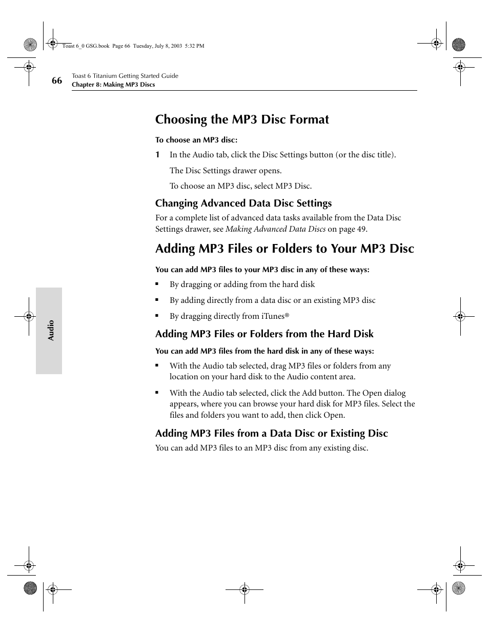 Choosing the mp3 disc format, Adding mp3 files or folders to your mp3 disc, Changing advanced data disc settings | Adding mp3 files or folders from the hard disk, Adding mp3 files from a data disc or existing disc | Roxio TOAST 6 User Manual | Page 76 / 132