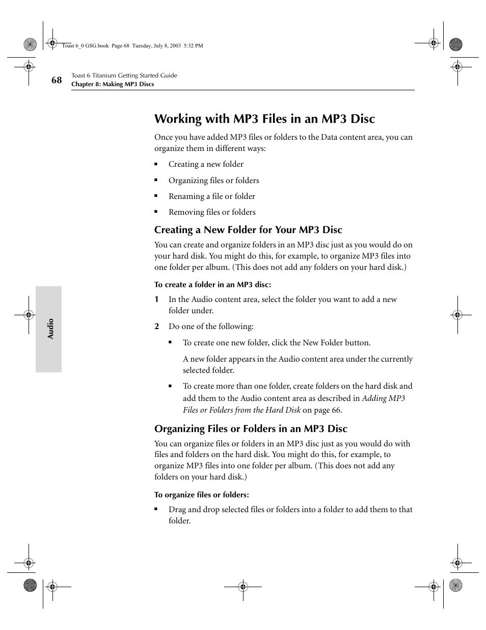 Working with mp3 files in an mp3 disc, Creating a new folder for your mp3 disc, Organizing files or folders in an mp3 disc | Roxio TOAST 6 User Manual | Page 78 / 132