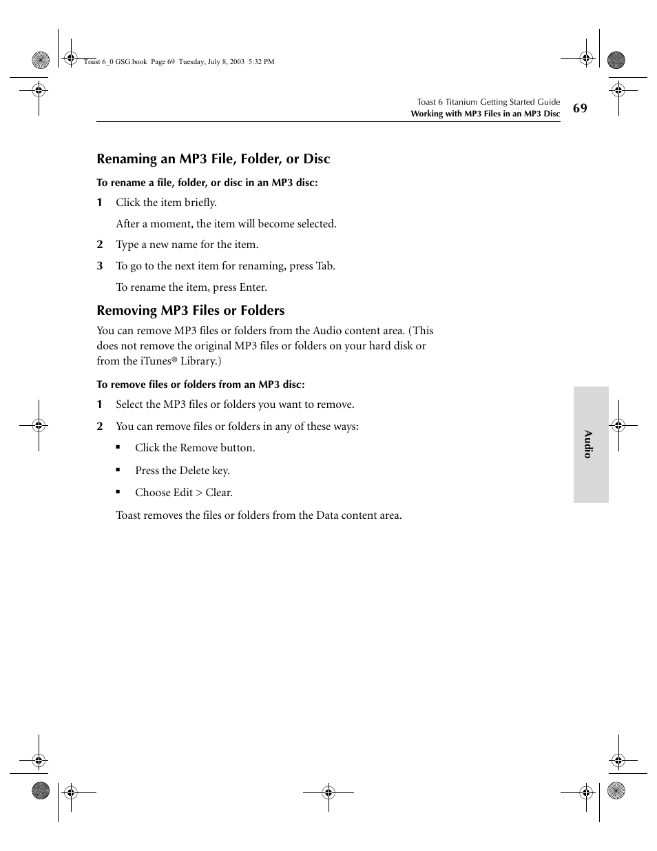 Renaming an mp3 file, folder, or disc, Removing mp3 files or folders | Roxio TOAST 6 User Manual | Page 79 / 132