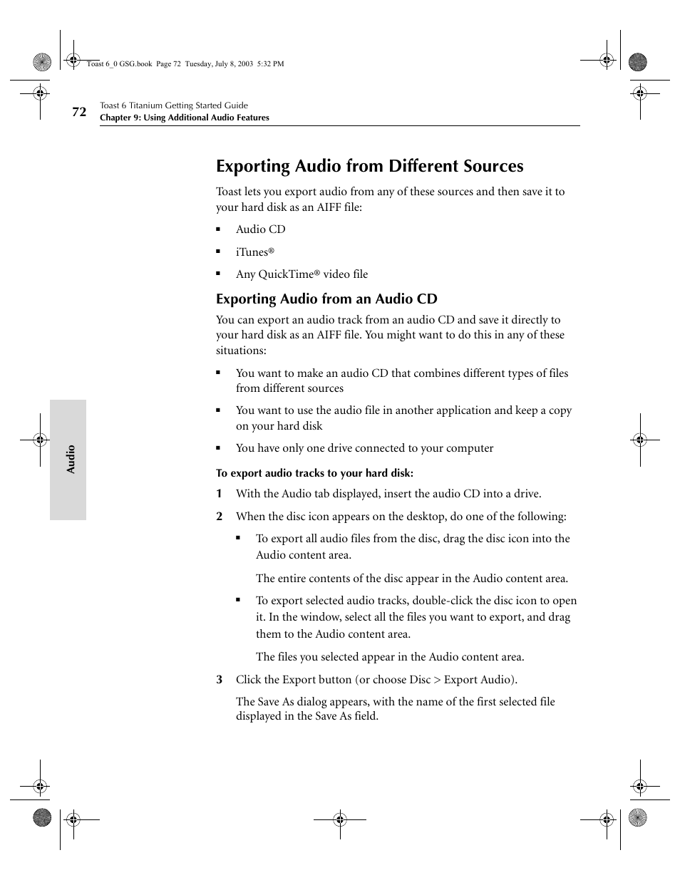Exporting audio from different sources, Exporting audio from an audio cd | Roxio TOAST 6 User Manual | Page 82 / 132