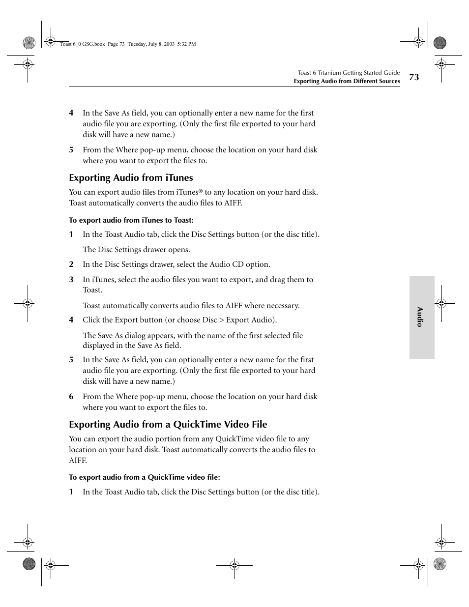 Exporting audio from itunes, Exporting audio from a quicktime video file | Roxio TOAST 6 User Manual | Page 83 / 132