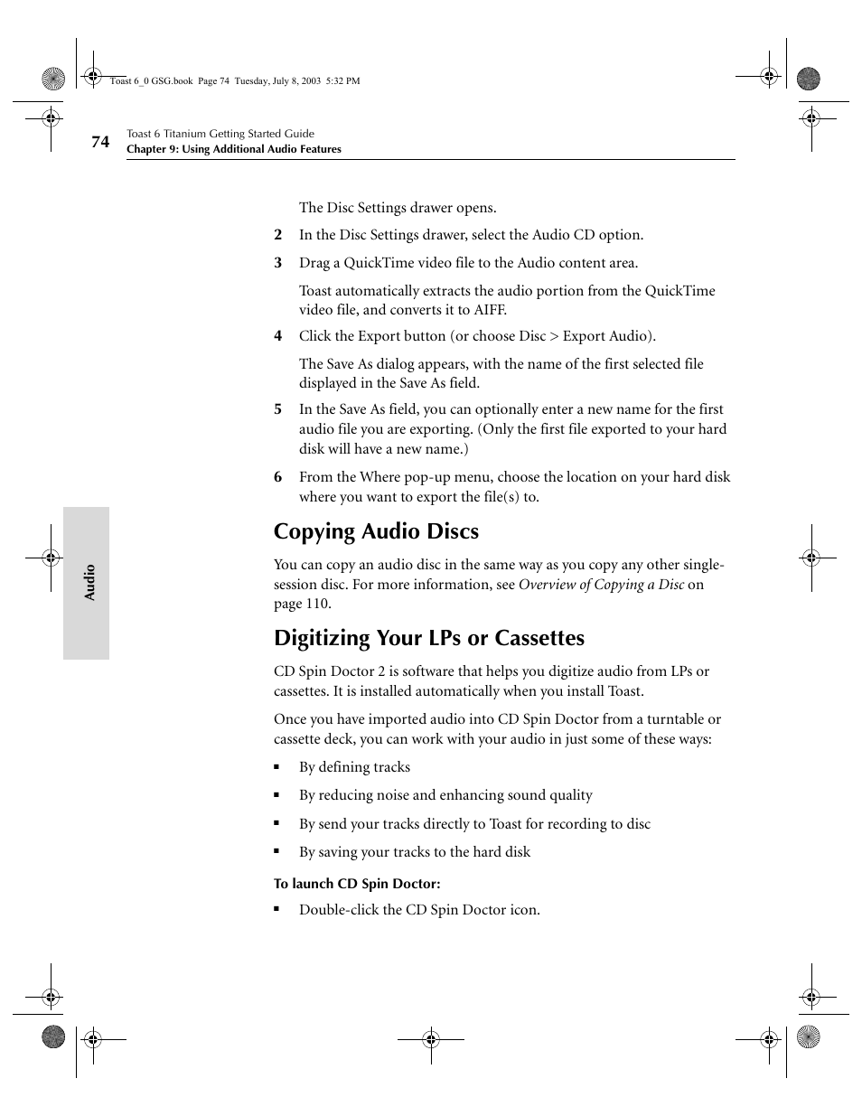 Copying audio discs, Digitizing your lps or cassettes | Roxio TOAST 6 User Manual | Page 84 / 132