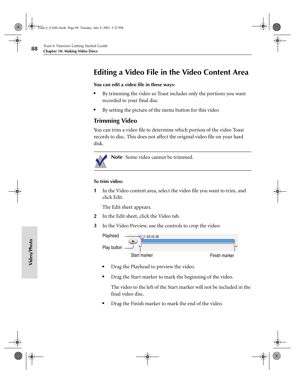 Editing a video file in the video content area, Trimming video | Roxio TOAST 6 User Manual | Page 98 / 132