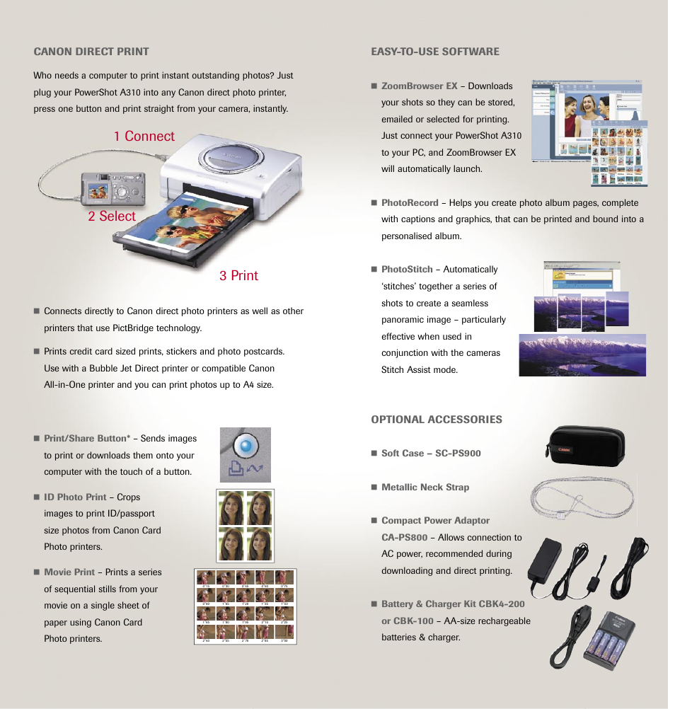 1 connect 2 select 3 print, Canon direct print, Easy-to-use software | Optional accessories | Razer A310 User Manual | Page 4 / 6