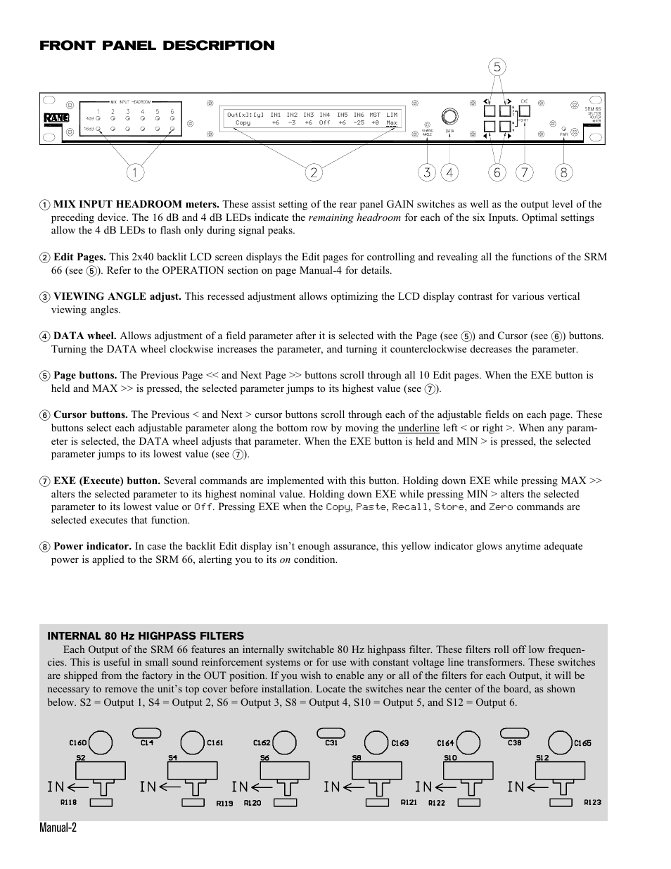 Manual-2 front panel description | Rane SRM 66 User Manual | Page 2 / 8