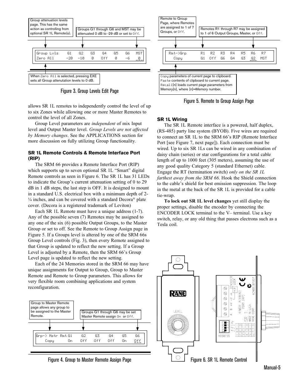 Manual-5, Figure 3. group levels edit page, Figure 5. remote to group assign page | Figure 6. sr 1l remote control, Figure 4. group to master remote assign page | Rane SRM 66 User Manual | Page 5 / 8