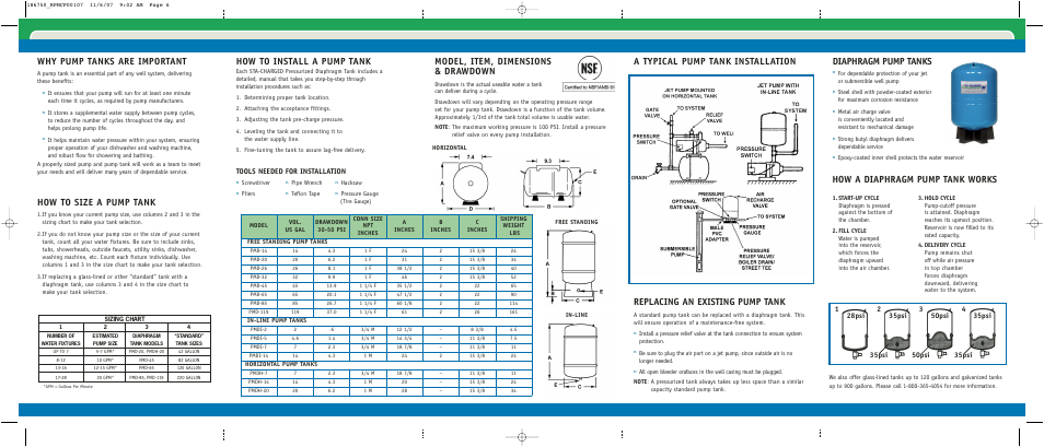 Why pump tanks are important, How to size a pump tank, How a diaphragm pump tank works | How to install a pump tank, Model, item, dimensions & drawdown, Diaphragm pump tanks, Tools needed for installation | Reliance Water Heaters ETC-5X User Manual | Page 2 / 2