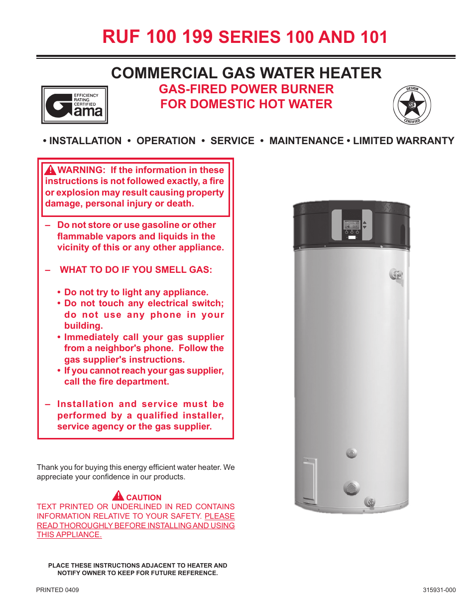 Reliance Water Heaters RUF 100 199 SERIES 101 User Manual | 36 pages