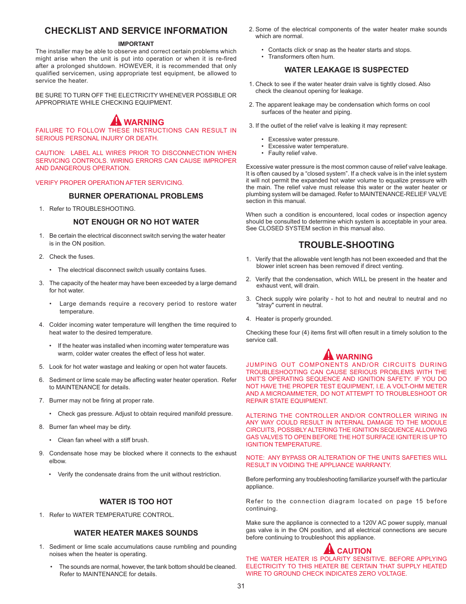 Checklist and service information, Trouble-shooting, Warning | Reliance Water Heaters RUF 100 199 SERIES 101 User Manual | Page 31 / 36