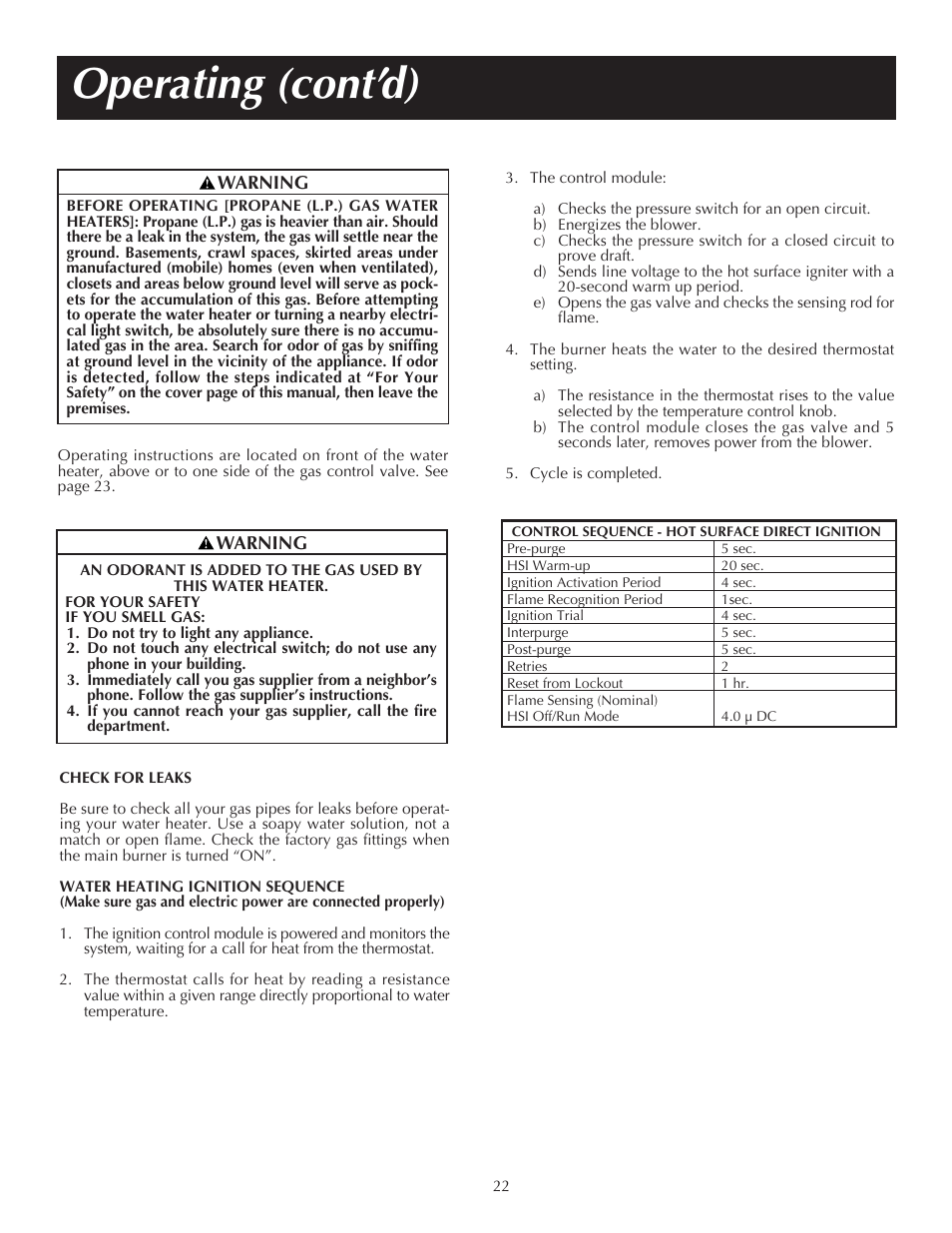 Operating (cont’d) | Reliance Water Heaters 606 User Manual | Page 22 / 40