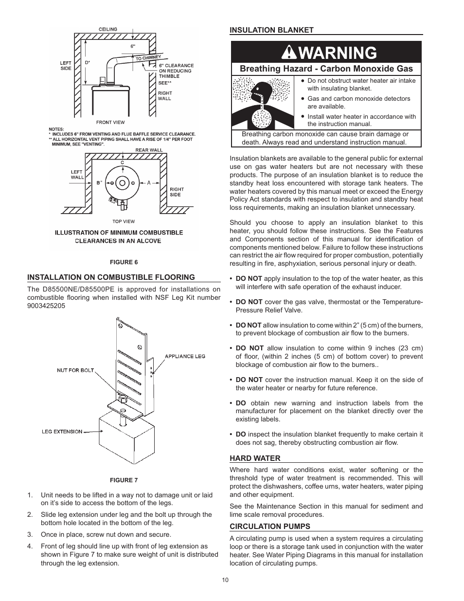 Installation on combustible flooring, Insulation blanket, Hard water | Circulation pumps, Breathing hazard - carbon monoxide gas | Reliance Water Heaters D85500PE User Manual | Page 10 / 52