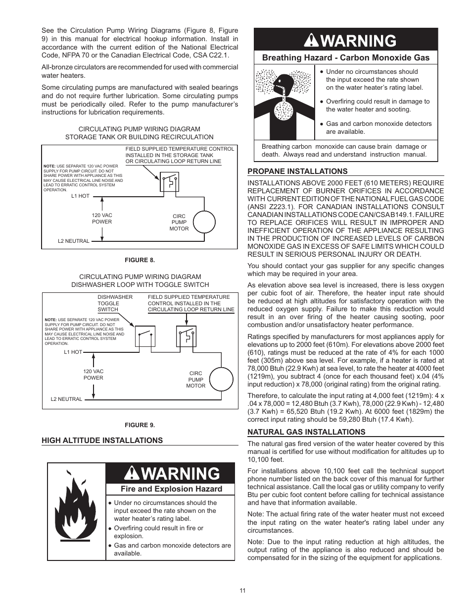 High altitude installations, Propane installations, Natural gas installations | Breathing hazard - carbon monoxide gas, Fire and explosion hazard | Reliance Water Heaters D85500PE User Manual | Page 11 / 52
