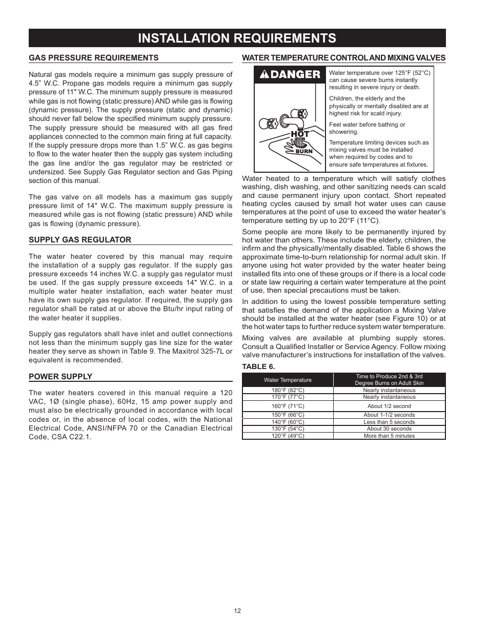 Installation requirements, Gas pressure requirements, Supply gas regulator | Power supply, Water temperature control and mixing valves | Reliance Water Heaters D85500PE User Manual | Page 12 / 52