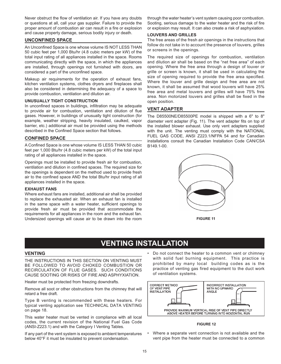 Unconfined space, Confined space, Vent adapter | Venting installation, Venting, Unconfined space confined space vent adapter | Reliance Water Heaters D85500PE User Manual | Page 15 / 52
