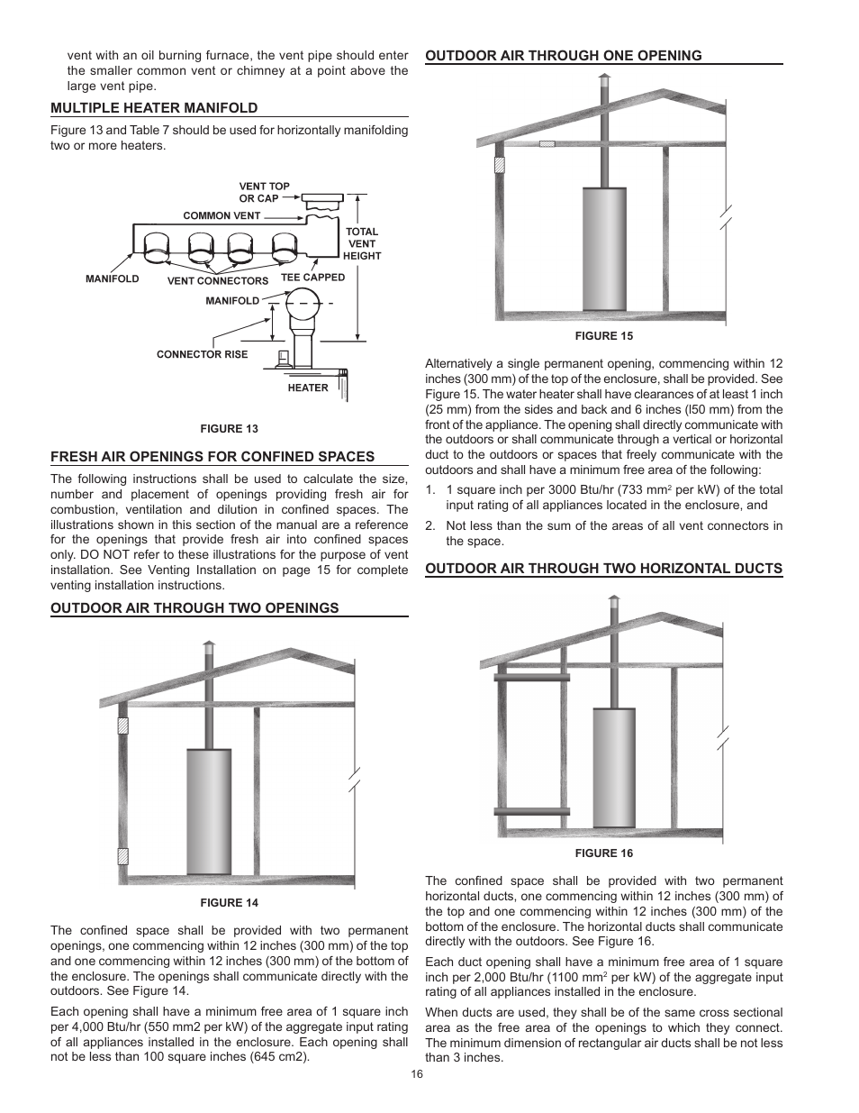 Multiple heater manifold, Fresh air openings for confined spaces, Outdoor air through two openings | Outdoor air through one opening, Outdoor air through two horizontal ducts | Reliance Water Heaters D85500PE User Manual | Page 16 / 52
