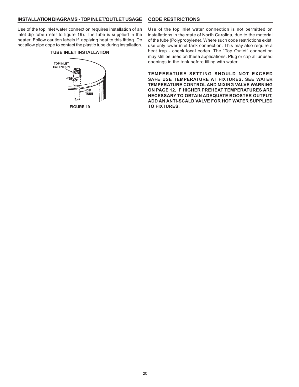 Installation diagrams - top inlet/outlet usage, Code restrictions | Reliance Water Heaters D85500PE User Manual | Page 20 / 52