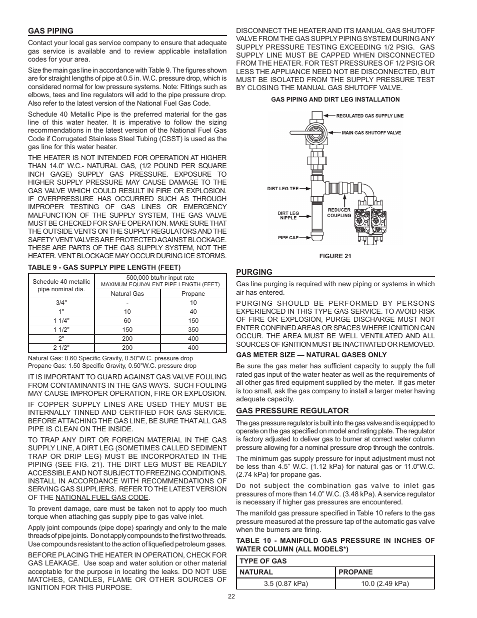 Gas piping, Purging, Gas pressure regulator | Gas piping purging gas pressure regulator | Reliance Water Heaters D85500PE User Manual | Page 22 / 52