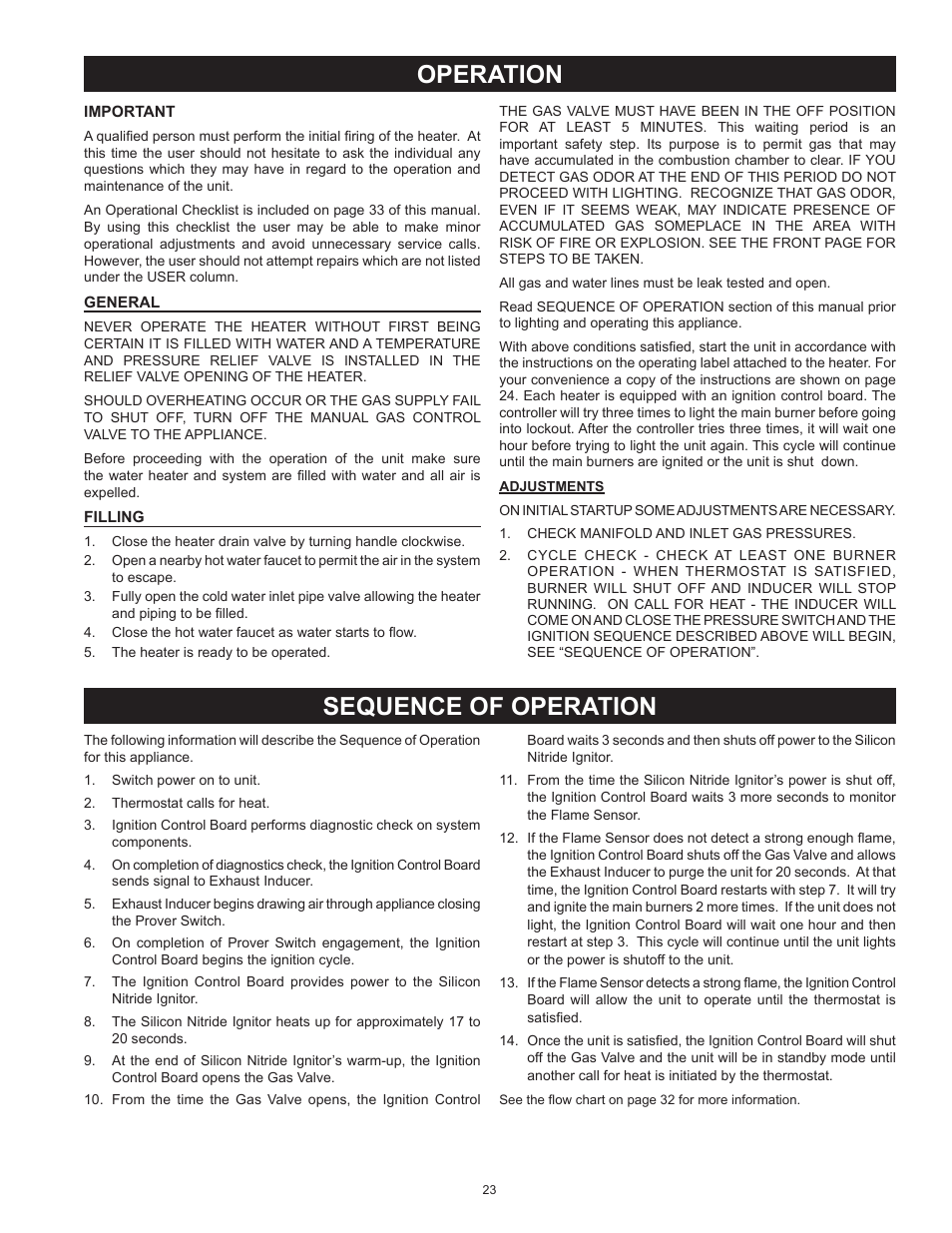 Operation, General, Filling | Sequence of operation, General filling | Reliance Water Heaters D85500PE User Manual | Page 23 / 52