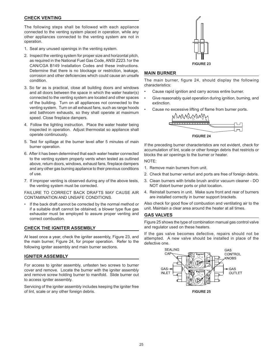 Check venting, Check the igniter assembly, Igniter assembly | Main burner, Gas valves | Reliance Water Heaters D85500PE User Manual | Page 25 / 52