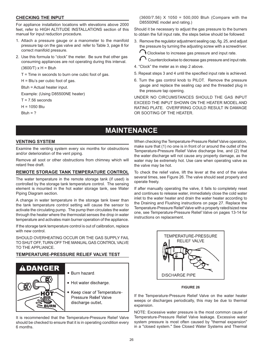 Checking the input, Maintenance, Venting system | Remote storage tank temperature control, Temperature-pressure relief valve test | Reliance Water Heaters D85500PE User Manual | Page 26 / 52