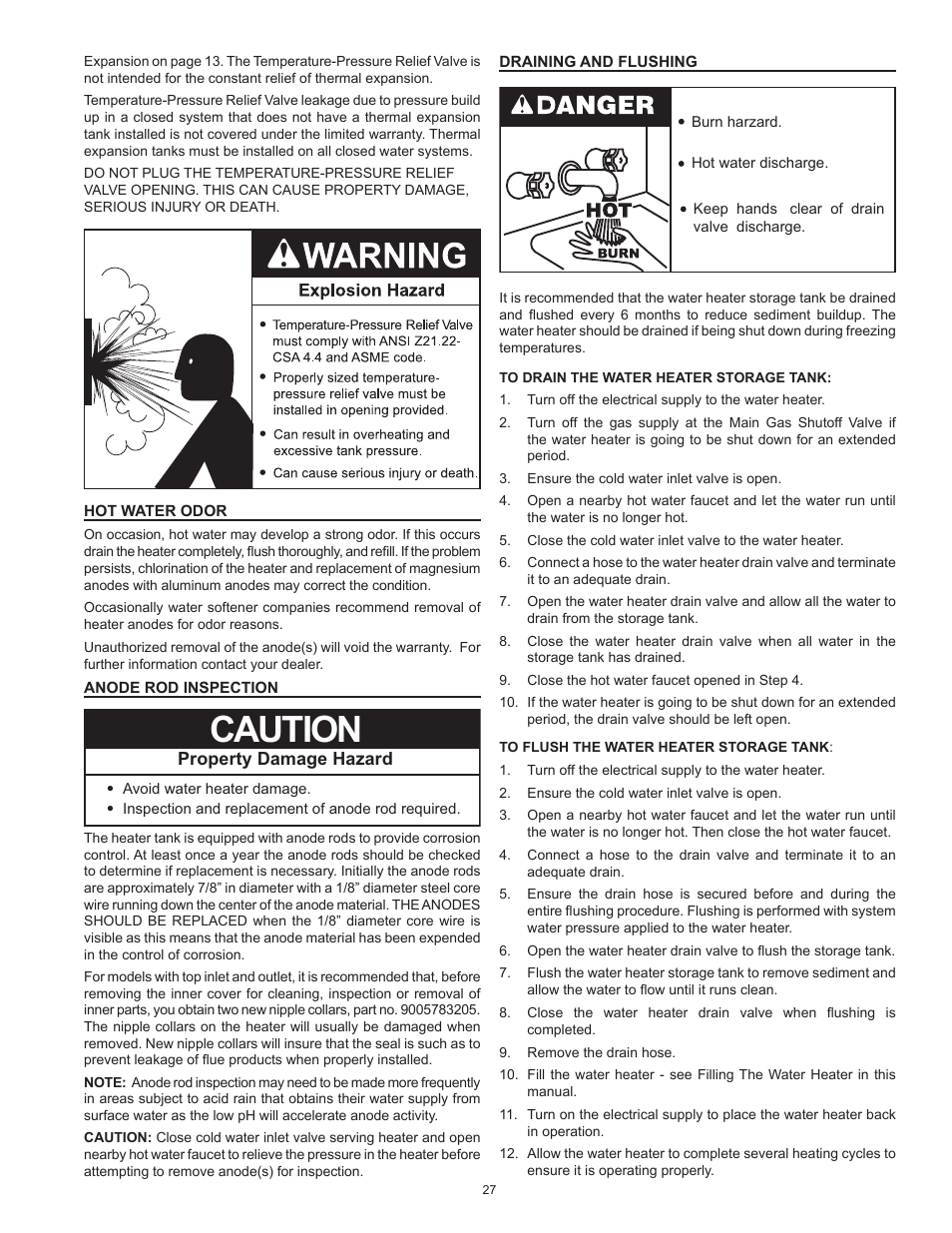 Hot water odor, Anode rod inspection, Draining and flushing | Caution, Property damage hazard | Reliance Water Heaters D85500PE User Manual | Page 27 / 52