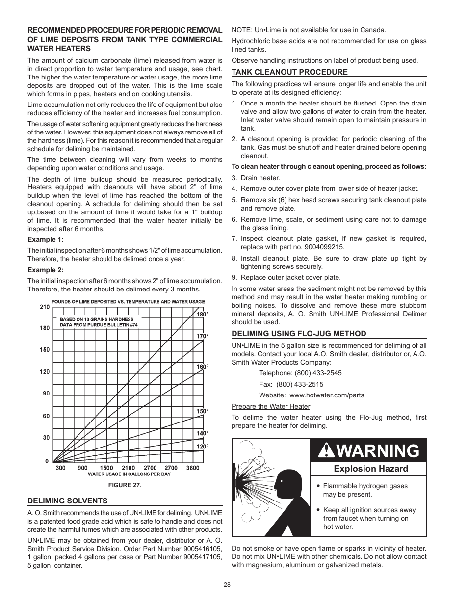 Deliming solvents, Tank cleanout procedure, Deliming using flo-jug method | Explosion hazard | Reliance Water Heaters D85500PE User Manual | Page 28 / 52