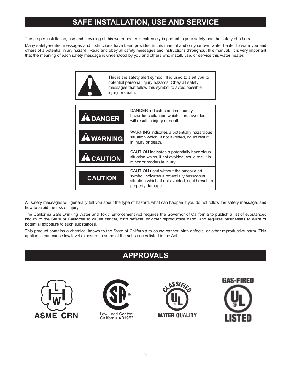 Safe installation, use and service, Approvals, Safe installation, use and service approvals | Asme crn, Danger warning caution caution | Reliance Water Heaters D85500PE User Manual | Page 3 / 52