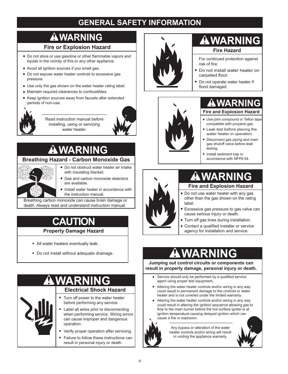 General safety information, Caution, Fire or explosion hazard | Breathing hazard - carbon monoxide gas | Reliance Water Heaters D85500PE User Manual | Page 4 / 52