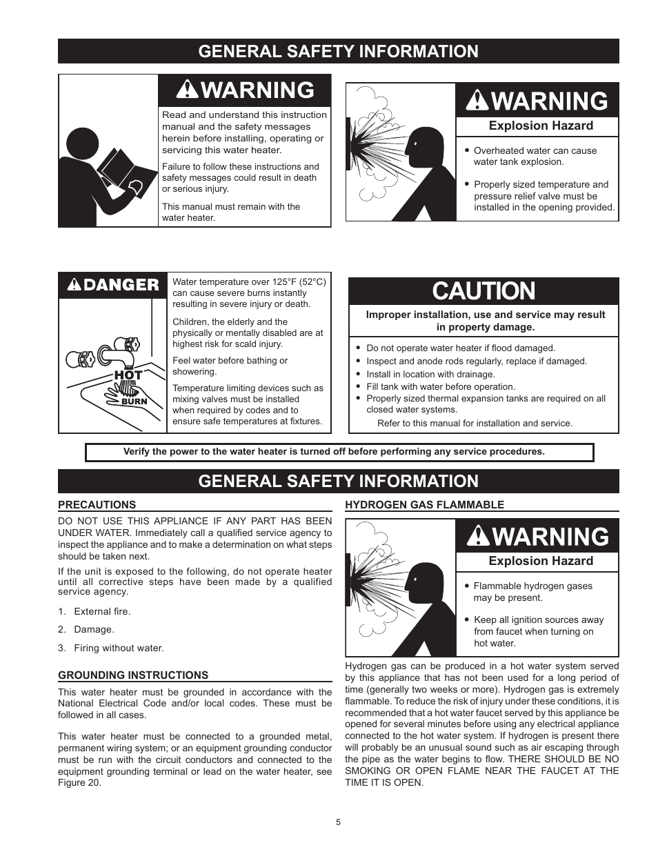 Precautions, Grounding instructions, Hydrogen gas flammable | Caution, General safety information, Explosion hazard | Reliance Water Heaters D85500PE User Manual | Page 5 / 52