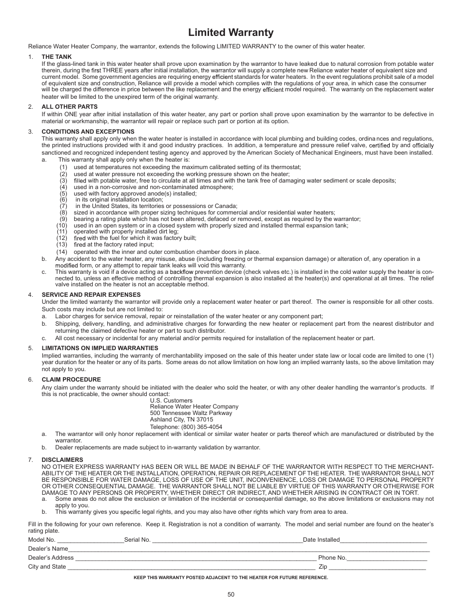 Limited warranty | Reliance Water Heaters D85500PE User Manual | Page 50 / 52