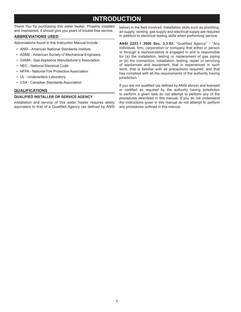 Introduction, Abbreviations used, Qualifications | Abbreviations used qualifications | Reliance Water Heaters D85500PE User Manual | Page 6 / 52