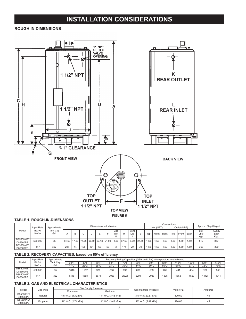 Installation considerations, Rough in dimensions, Recovery capacities | Gas and electrical characteristics, Top view | Reliance Water Heaters D85500PE User Manual | Page 8 / 52