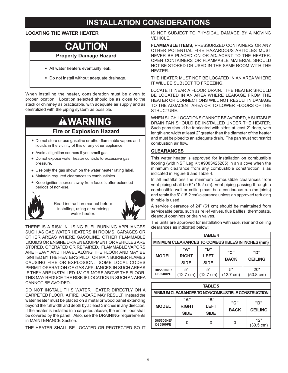 Locating the water heater, Clearances, Locating the water heater clearances | Caution, Installation considerations, Fire or explosion hazard | Reliance Water Heaters D85500PE User Manual | Page 9 / 52