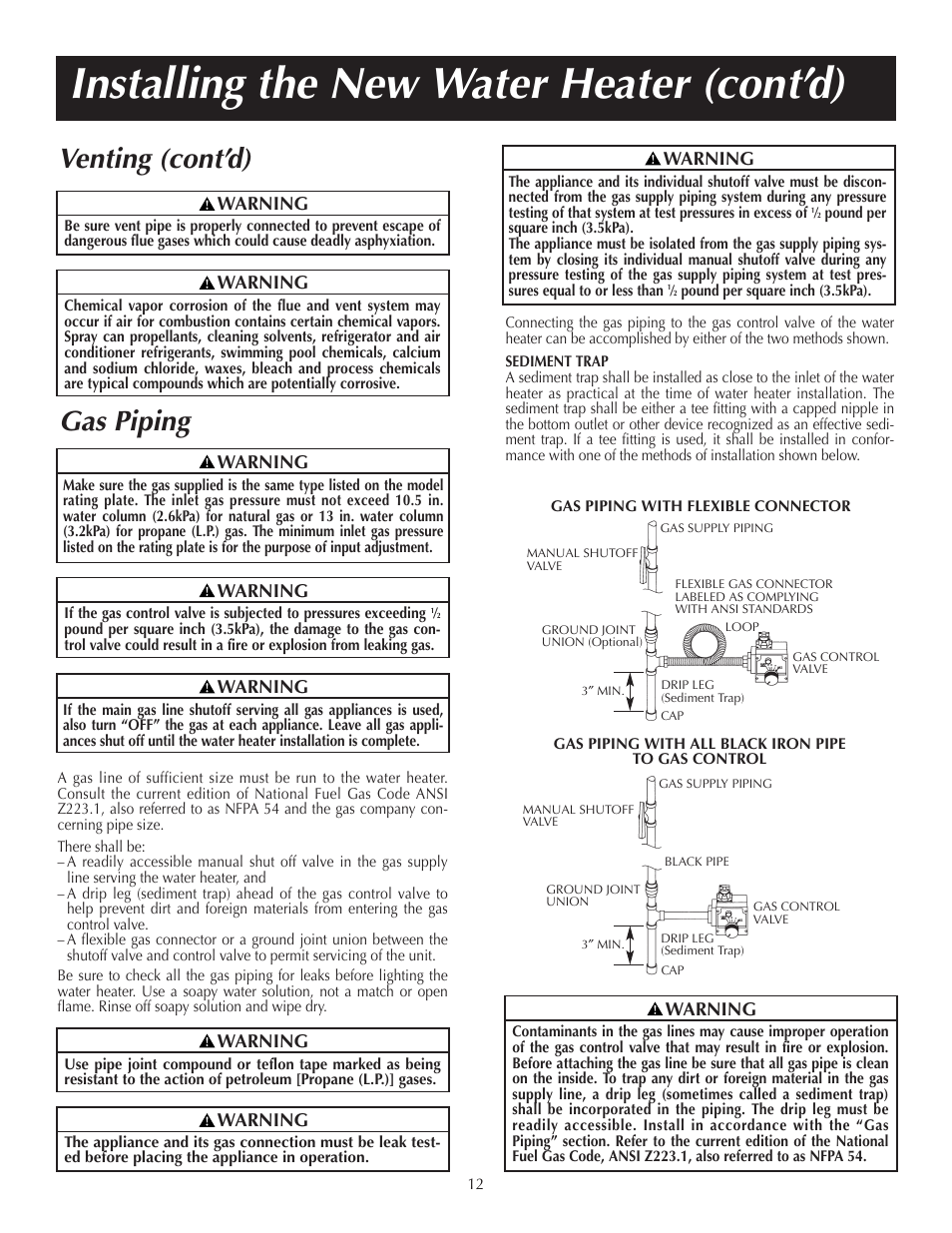 Installing the new water heater (cont’d), Gas piping, Venting (cont’d) | Reliance Water Heaters 184123-000 User Manual | Page 12 / 24