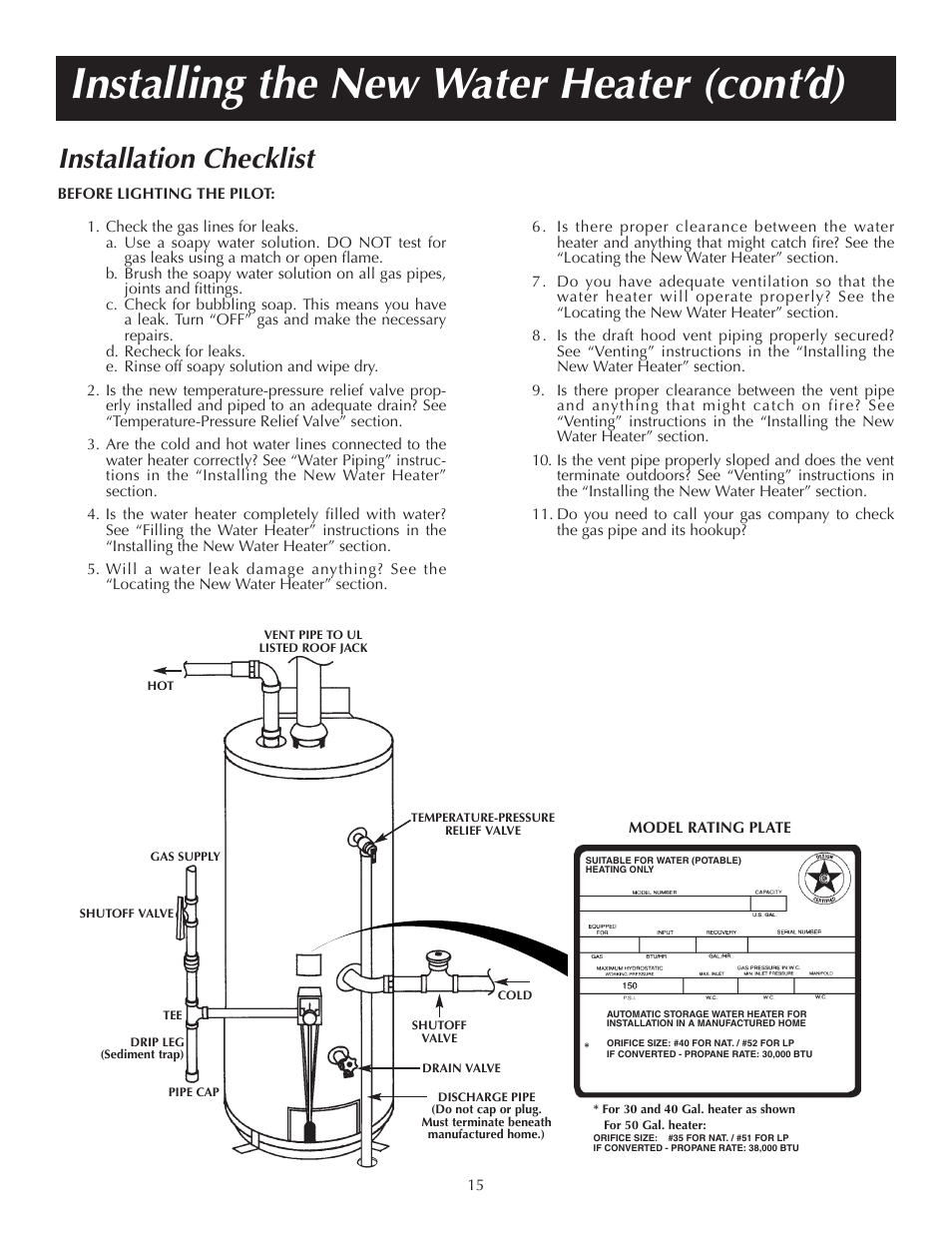 Installing the new water heater (cont’d), Installation checklist | Reliance Water Heaters 184123-000 User Manual | Page 15 / 24