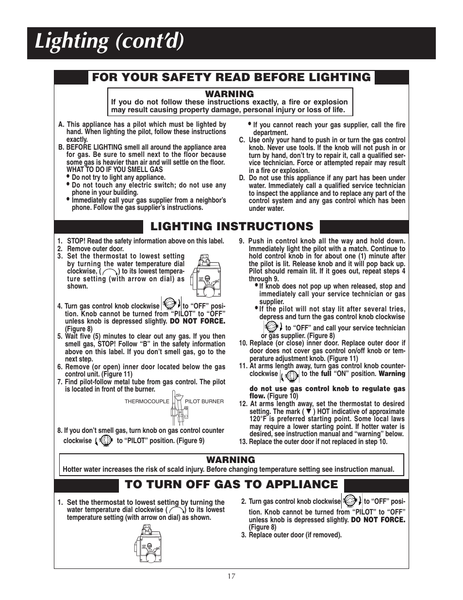 Lighting (cont’d), For your safety read before lighting, Lighting instructions | Reliance Water Heaters 184123-000 User Manual | Page 17 / 24