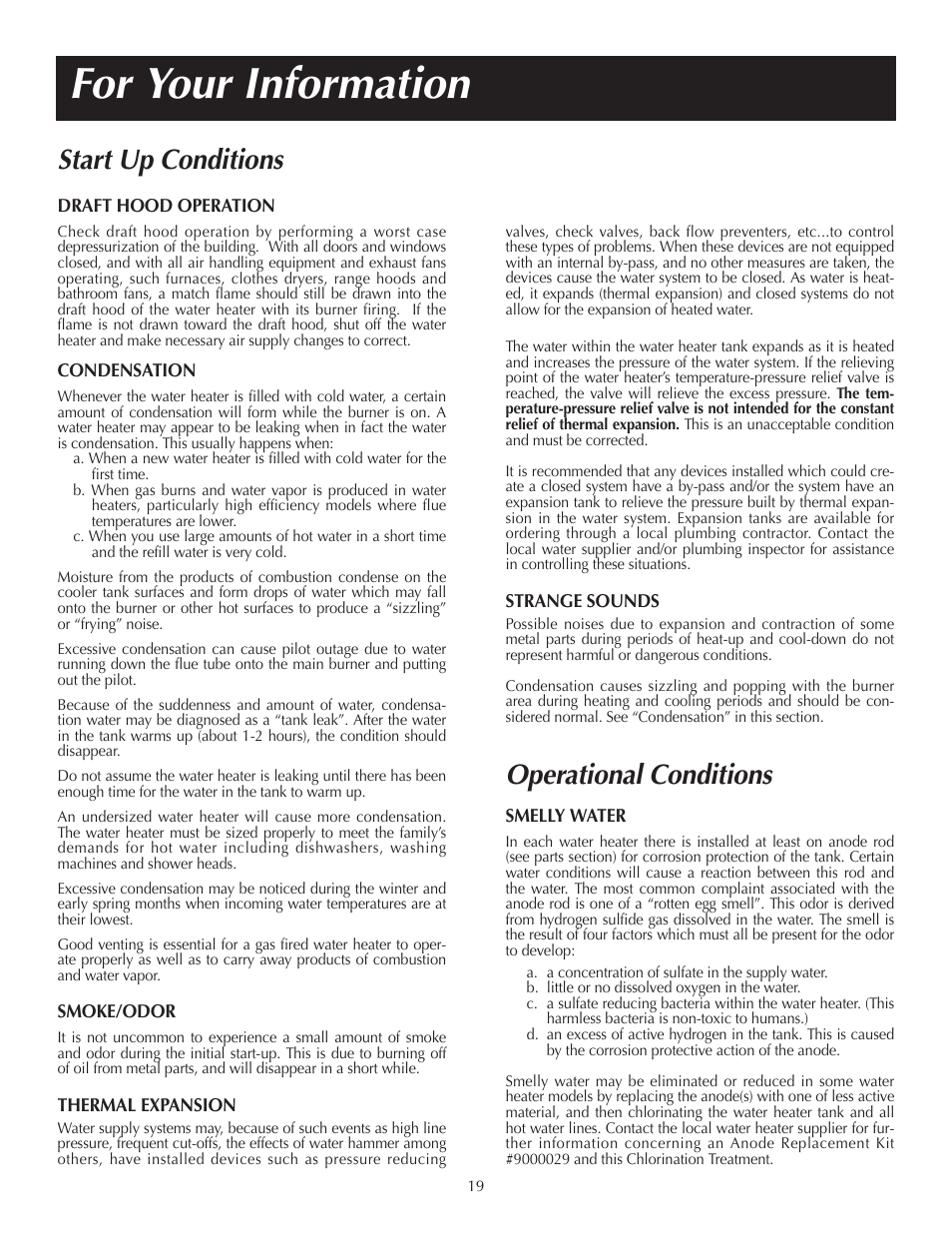 For your information, Start up conditions, Operational conditions | Reliance Water Heaters 184123-000 User Manual | Page 19 / 24