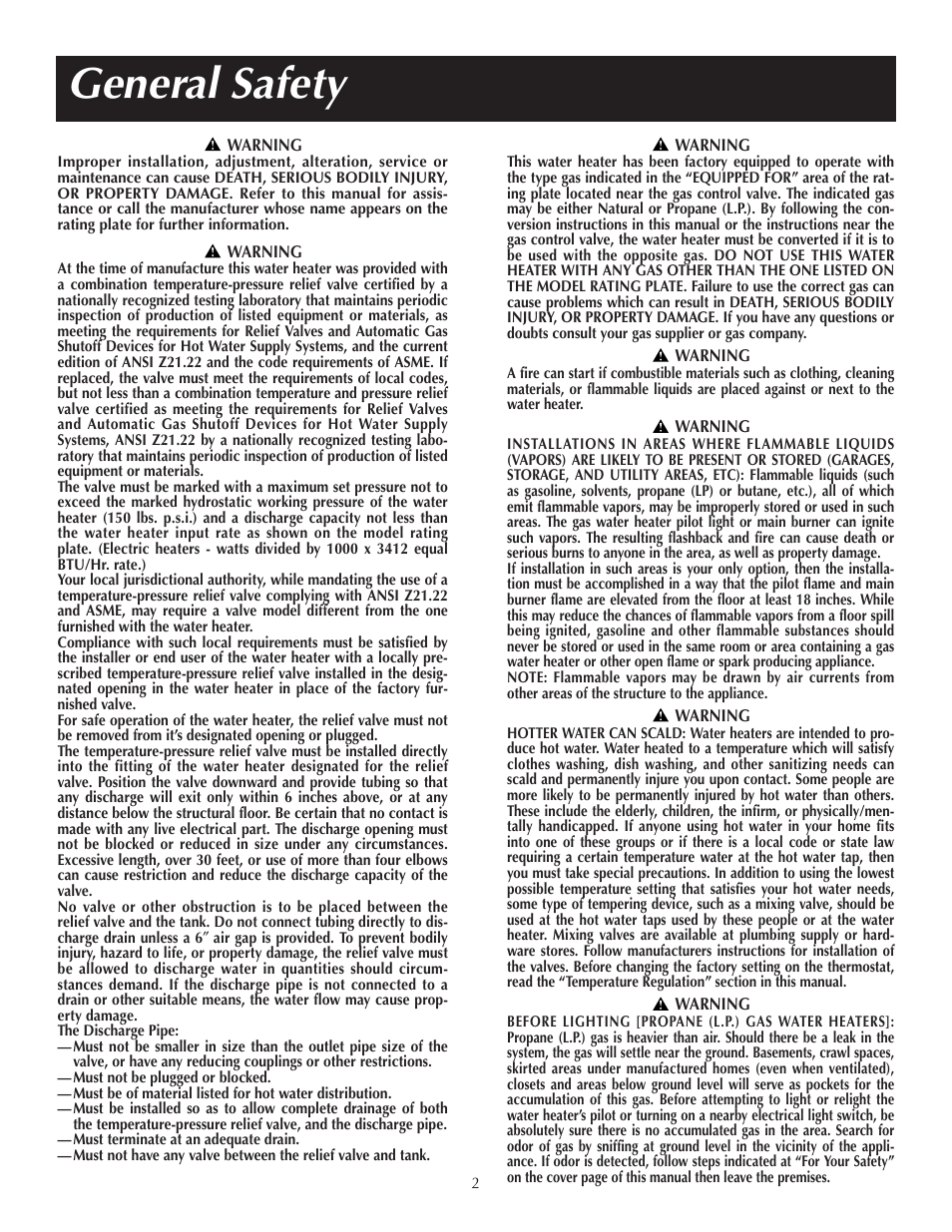 General safety | Reliance Water Heaters 184123-000 User Manual | Page 2 / 24