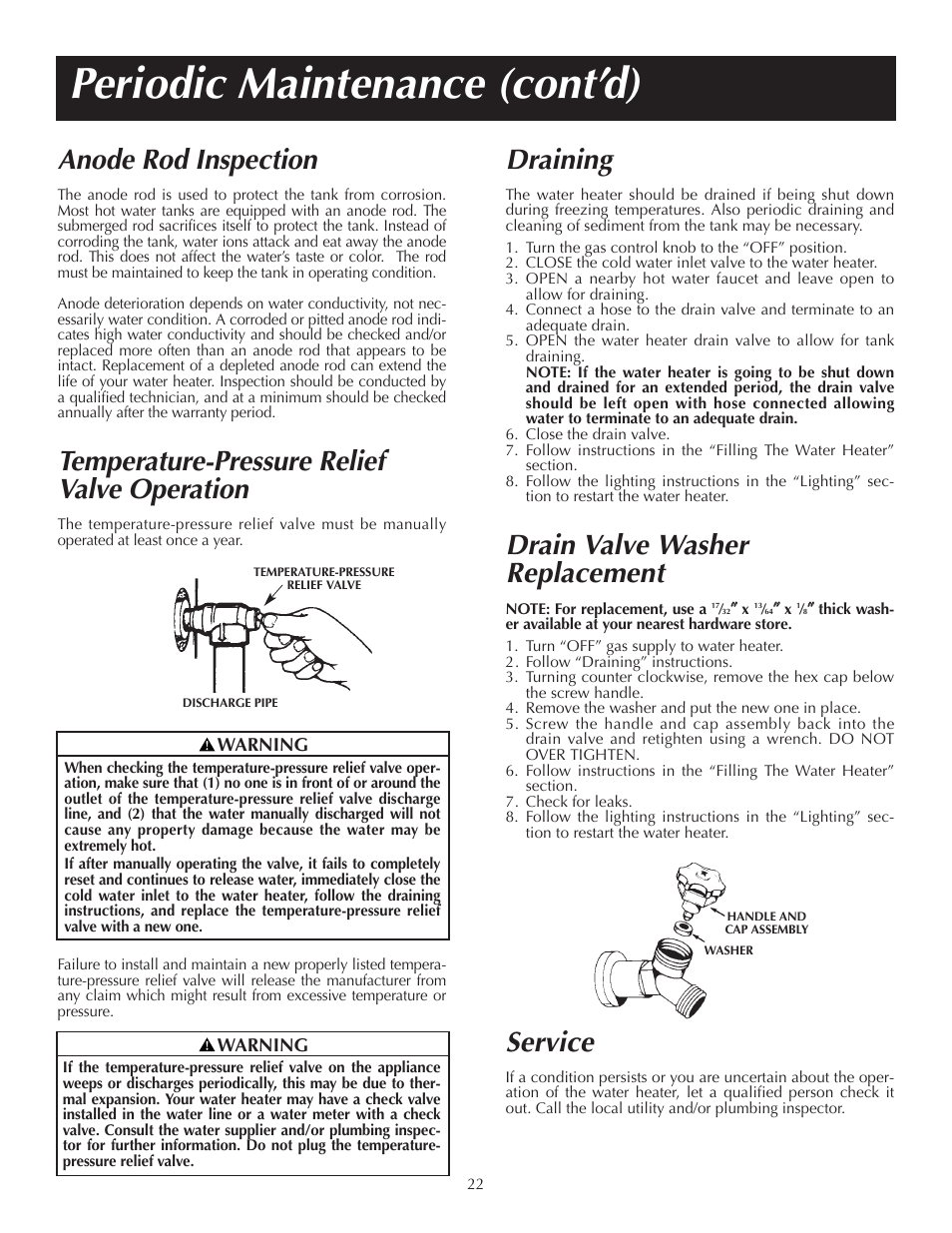 Periodic maintenance (cont’d), Temperature-pressure relief valve operation, Service | Draining, Drain valve washer replacement, Anode rod inspection | Reliance Water Heaters 184123-000 User Manual | Page 22 / 24