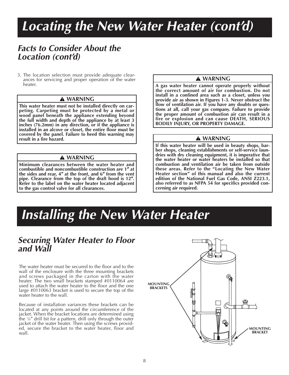 Securing water heater to floor and wall, Facts to consider about the location (cont’d) | Reliance Water Heaters 184123-000 User Manual | Page 8 / 24