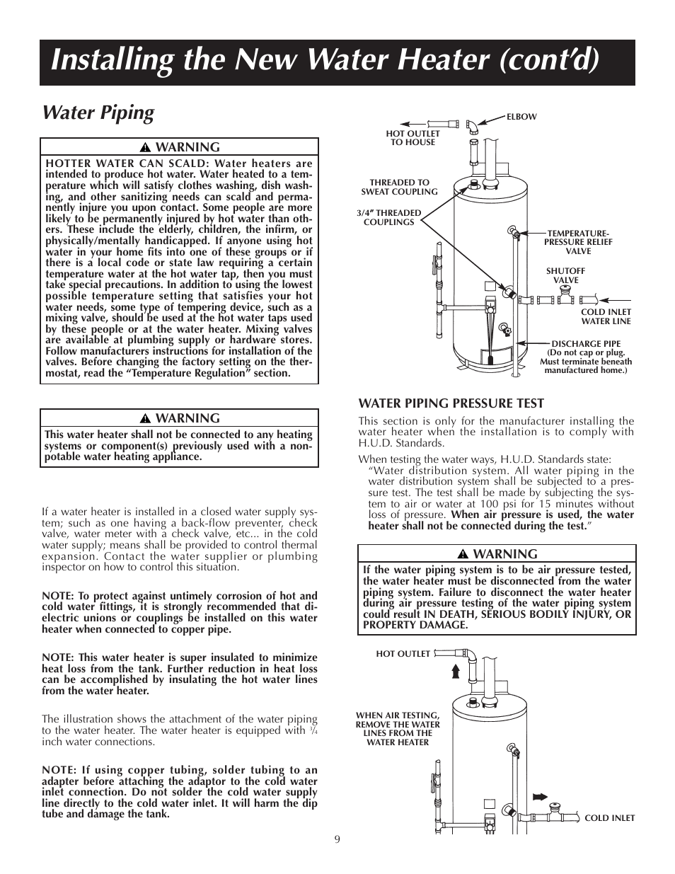 Installing the new water heater (cont’d), Water piping | Reliance Water Heaters 184123-000 User Manual | Page 9 / 24