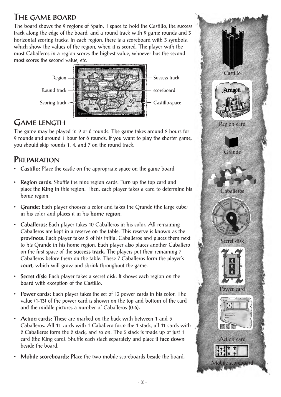 He game board, Ame length, Reparation | Rio Grande Games El Grande Decennial 80 User Manual | Page 2 / 20