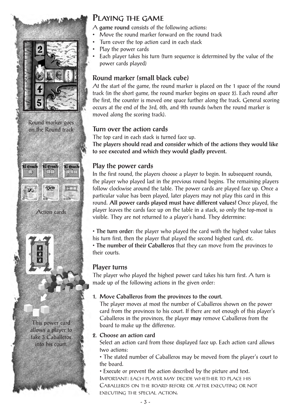 Round marker (small black cube), Turn over the action cards, Play the power cards | Player turns | Rio Grande Games El Grande Decennial 80 User Manual | Page 3 / 20