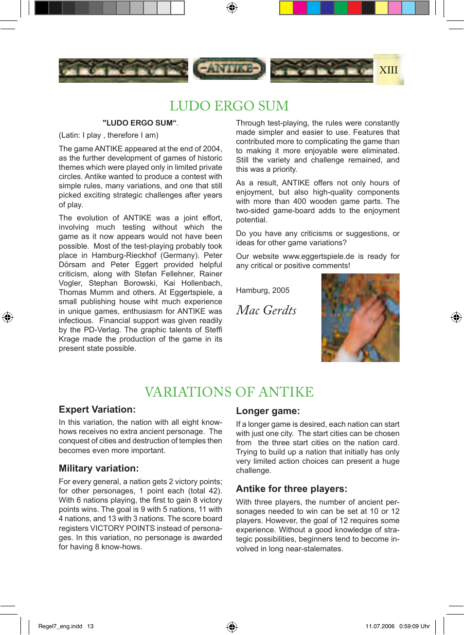 Ludo ergo sum, Mac gerdts variations of antike, Xiii | Rio Grande Games Antike 19 User Manual | Page 15 / 16