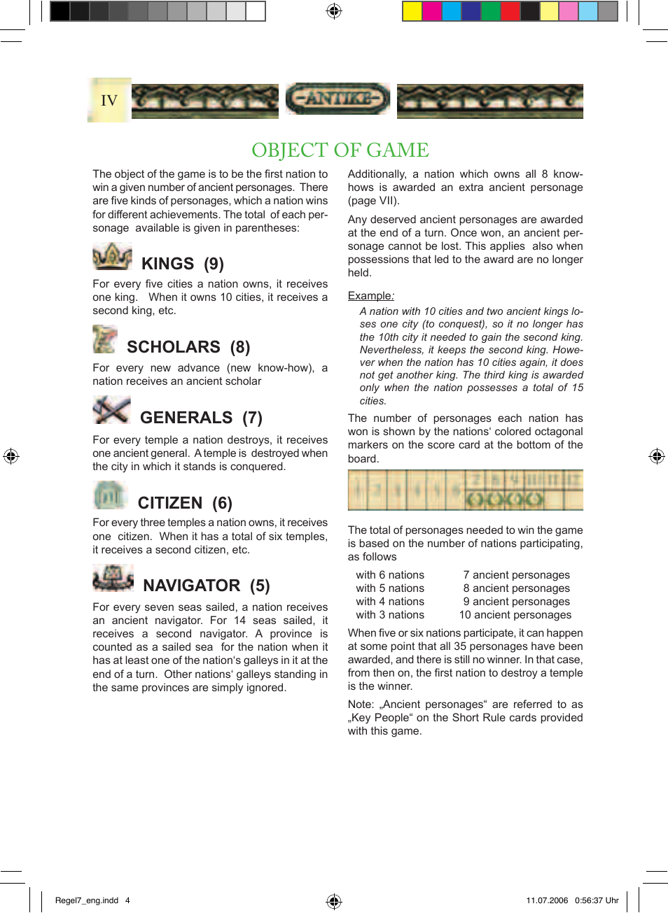Object of game, Kings (9), Scholars (8) | Generals (7), Citizen (6), Navigator (5) | Rio Grande Games Antike 19 User Manual | Page 6 / 16