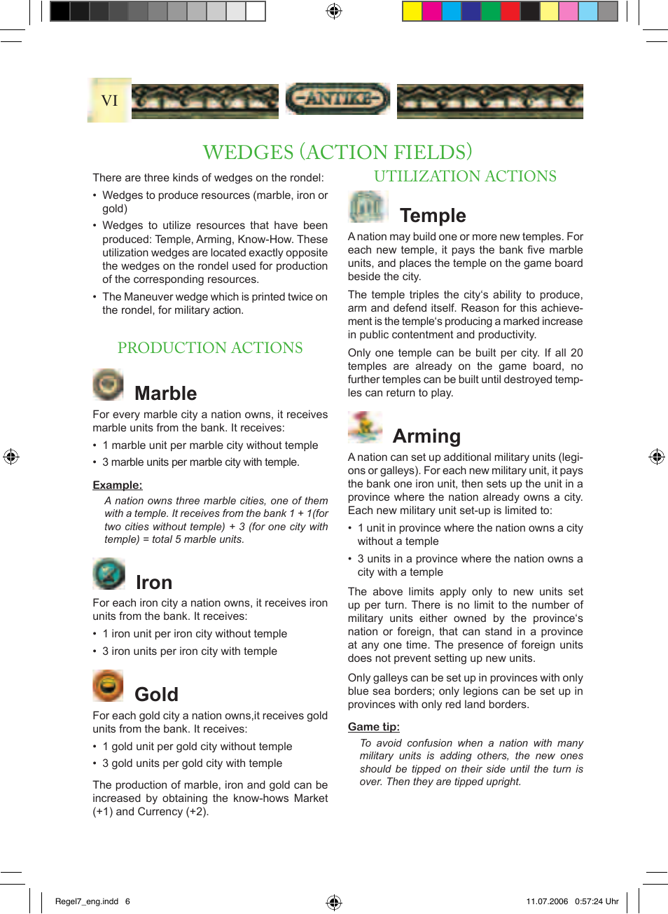 Marble, Iron, Gold | Temple, Arming, Wedges (action fields) | Rio Grande Games Antike 19 User Manual | Page 8 / 16