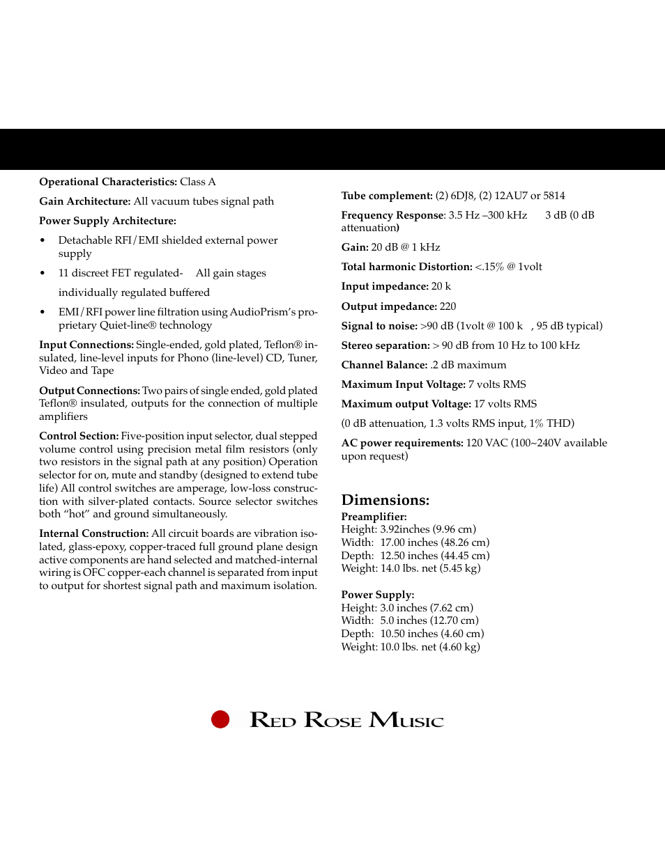 Model 3a, Line level preamplifier, Dimensions | Red Rose Music Model 3a User Manual | Page 2 / 2